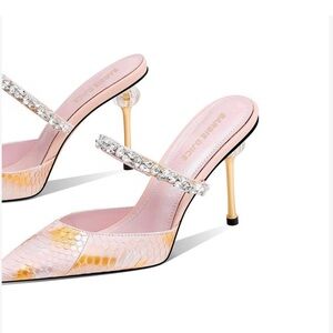 Pink Crystal-Embellished Pointed Mule with Gold Heel